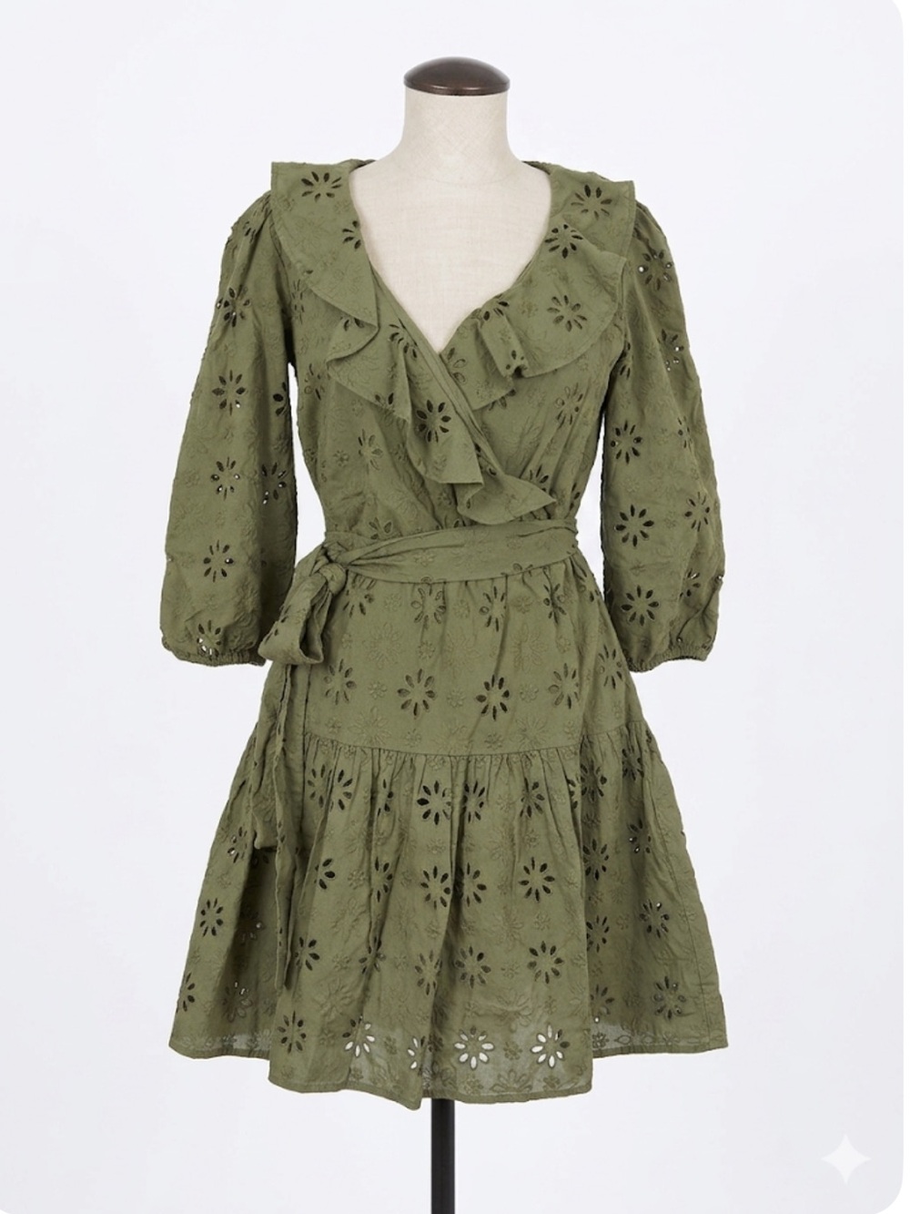 Ann Taylor Olive Eyelet cotton Mini Dress with Ruffle Collar. Sz. 00